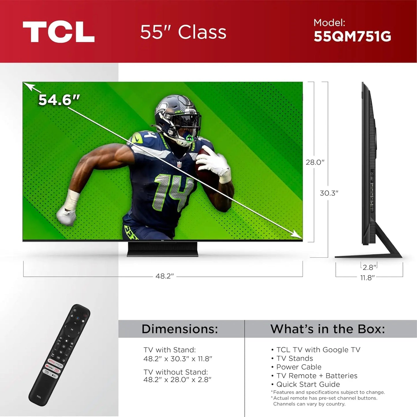 55-Inch QLED 4K Smart Mini LED TV with Google TV, Dolby Vision IQ, Dolby Atmos, 120Hz Gaming